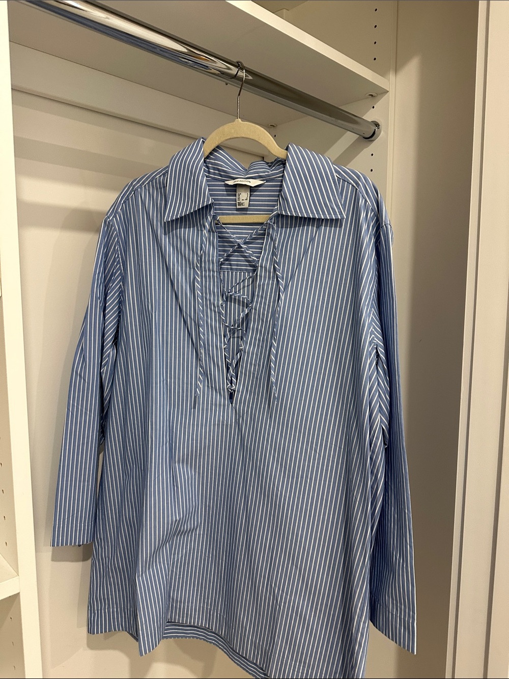 Women's Blue Stripe Lace-Up Collared Button-Down Shirt